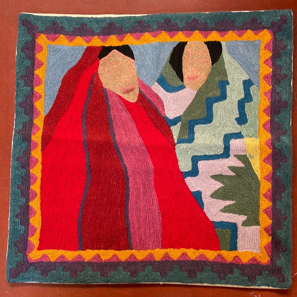 Embroidered decorative throw pillow cover; southwest women in crewelwork design